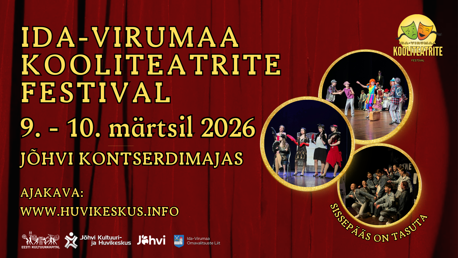 Tere tulemast Ida-Virumaa Kooliteatrite Festivalile 2026! Sel korral toimub festival 9.-10. märtsil 2026 Jõhvi Kontserdimajas! Kahepäevane festival toob lavale 